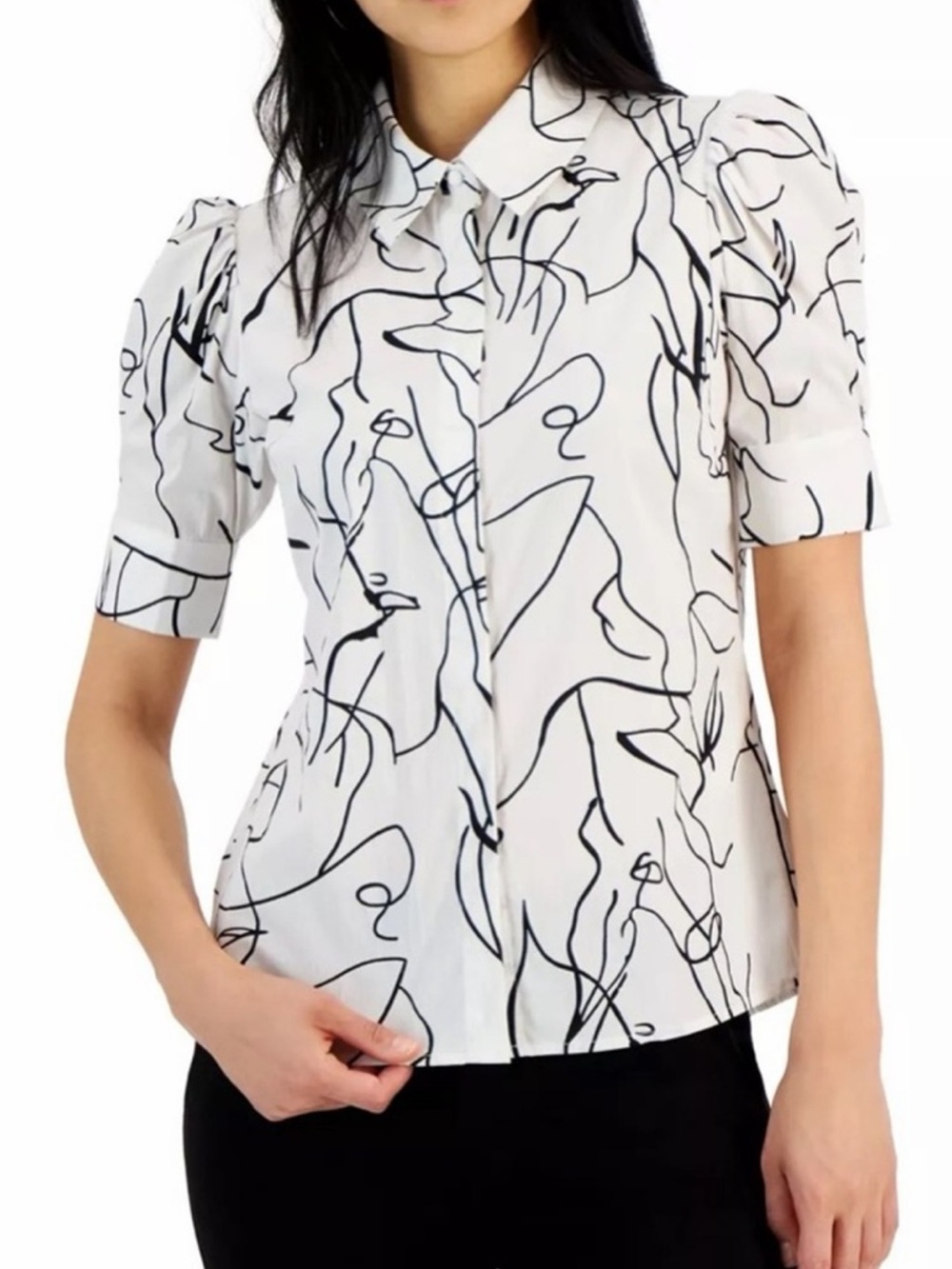 Elie Tahari Med Button-Down Blouse with white Black Abstract Line Print no label